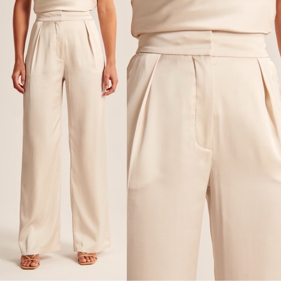 SOLD Abercrombie • Satin Tailored Wide Leg Pant trouser silky flat front Cream - Picture 7 of 15